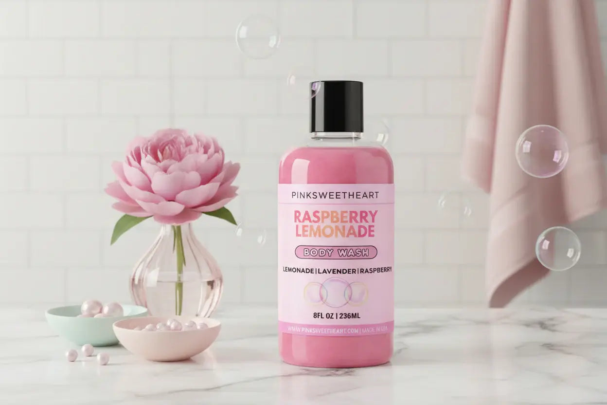 Pink bottle of raspberry lemonade body wash with a black cap on a white background