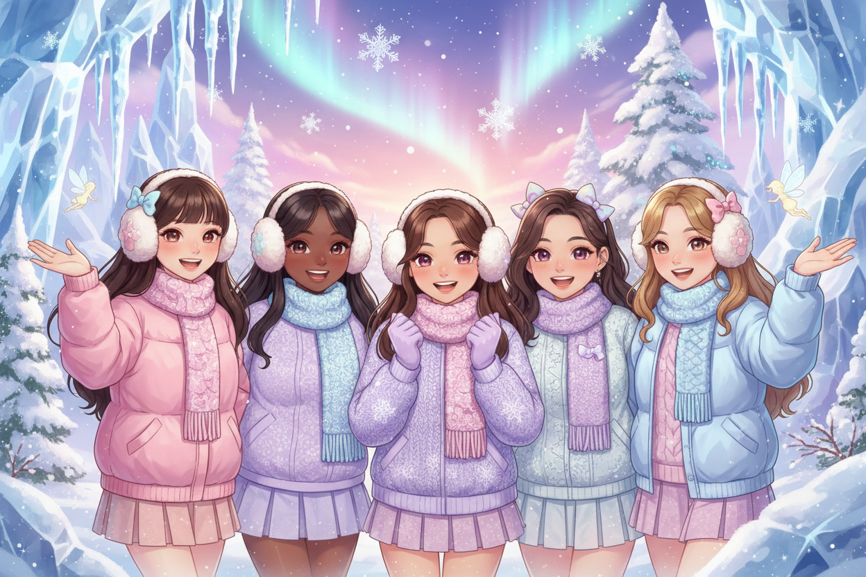 show a diverse group of young beautiful women with a kawaii vibe in a fantasy winter scene
