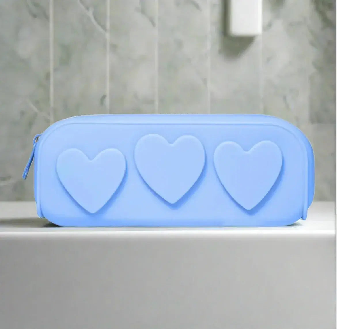 Silicone Embossed Hearts Cosmetic Bag - Cornflower Blue