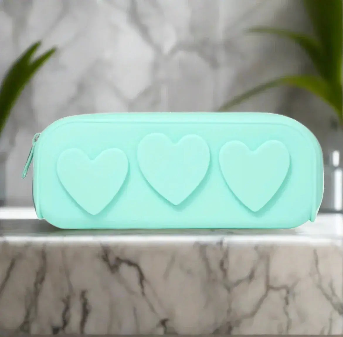 Silicone Embossed Hearts Cosmetic Bag - Mint