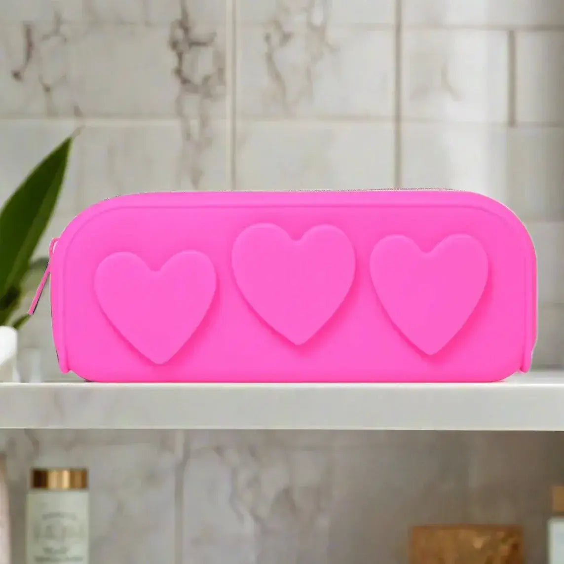Silicone Embossed Hearts Cosmetic Bag - Pink