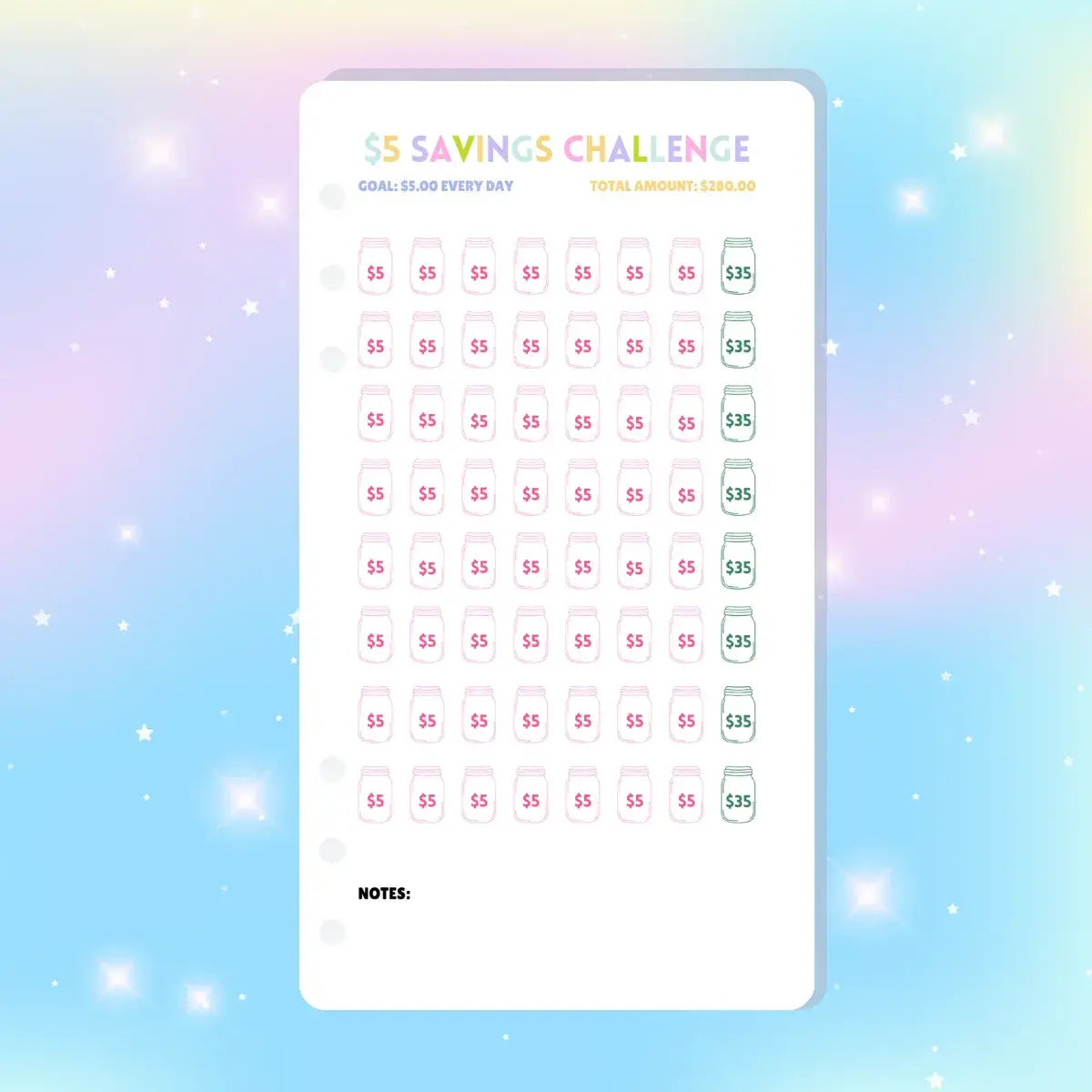 Single Page Saving Challenges & Trackers Inserts - A6 - $5 Savings Challenge