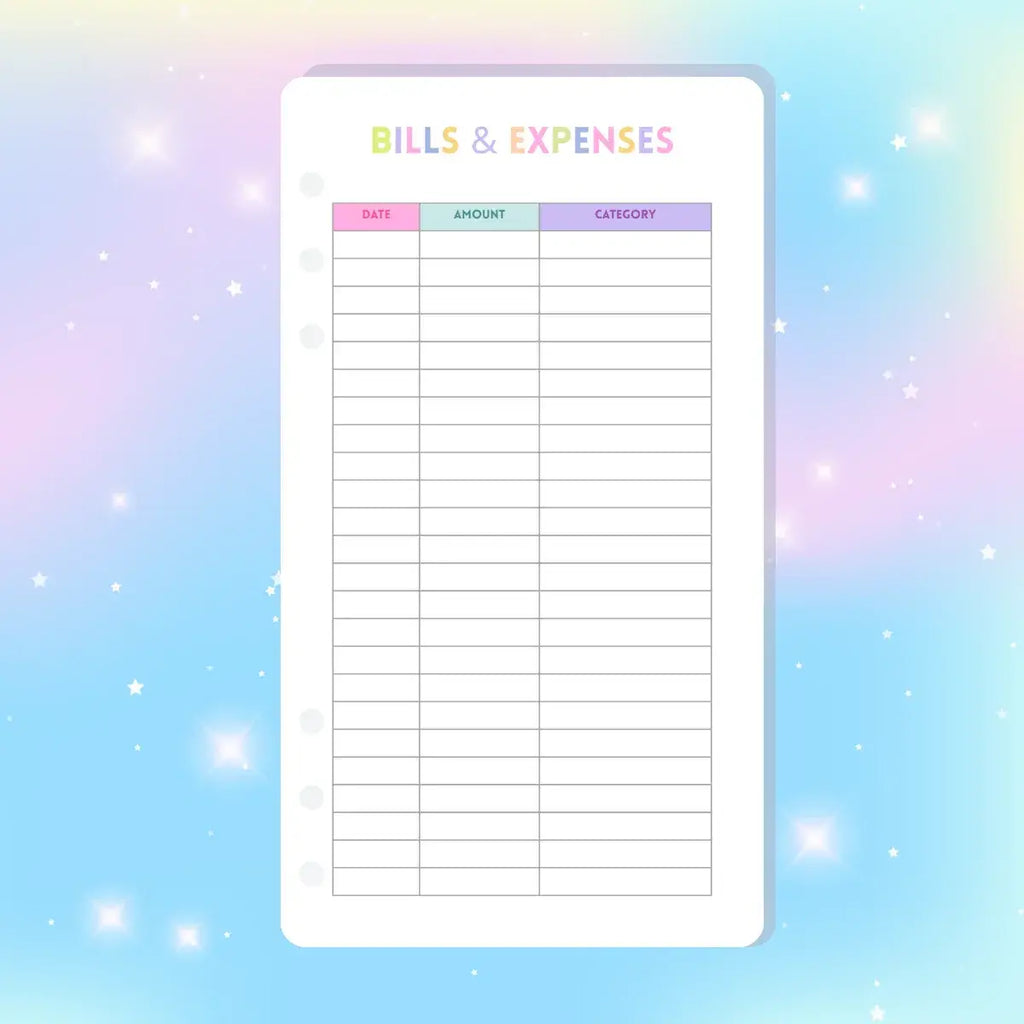 Single Page Saving Challenges & Trackers Inserts - A6 - Bills & Expenses