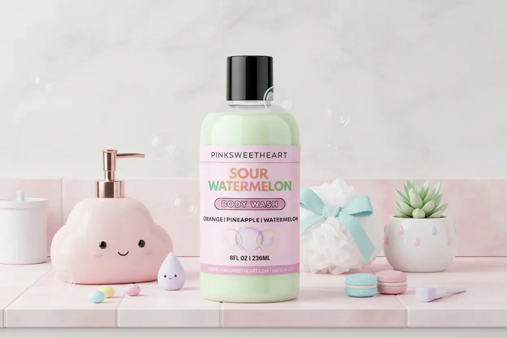 Body wash bottle labeled 'Sour Watermelon' with pink label on a white background