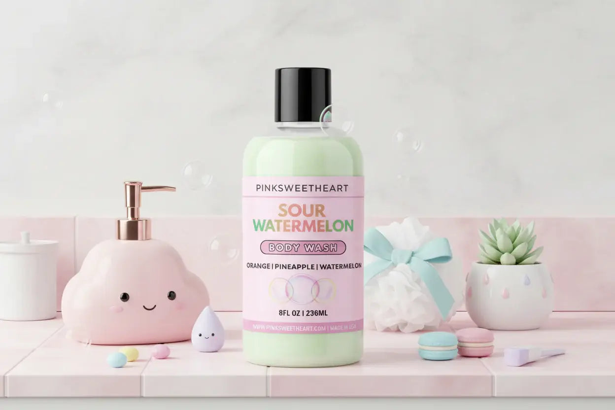 Body wash bottle labeled 'Sour Watermelon' with pink label on a white background