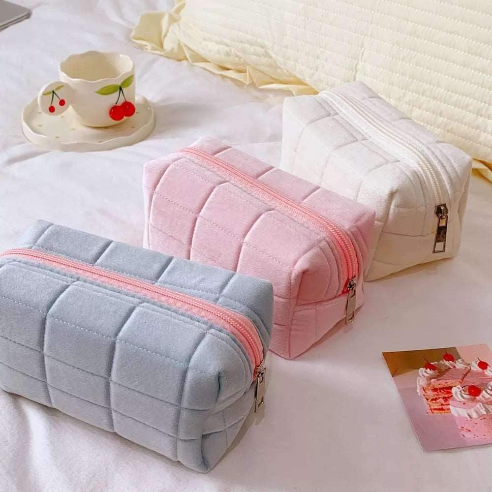 Square Quilted Puffy Plush Cosmetic Multifunction Makeup Bag