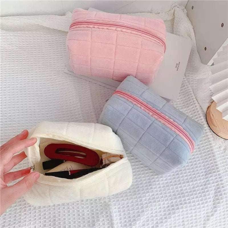 Square Quilted Puffy Plush Cosmetic Multifunction Makeup Bag
