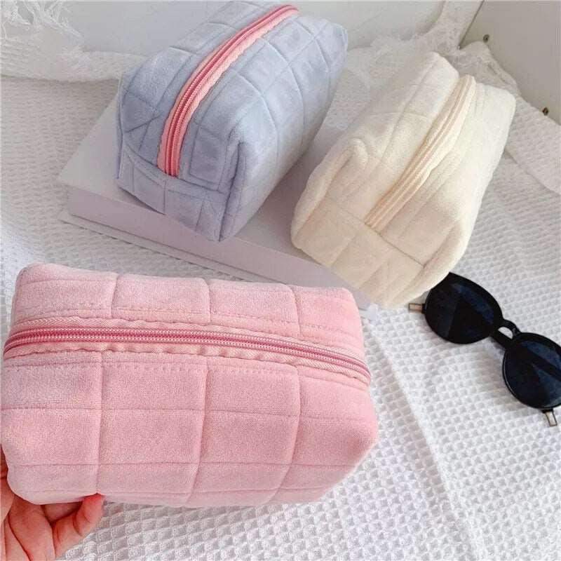 Square Quilted Puffy Plush Cosmetic Multifunction Makeup Bag