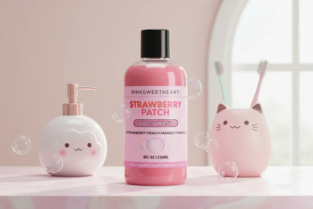 Pink bottle of 'Pinksweetheart Strawberry Patch' body wash on a white background