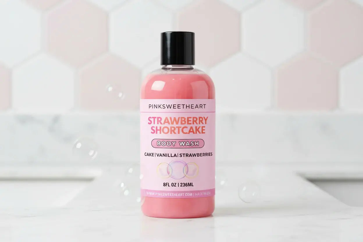 Pink bottle of strawberry shortcake body wash with a black cap on a white background