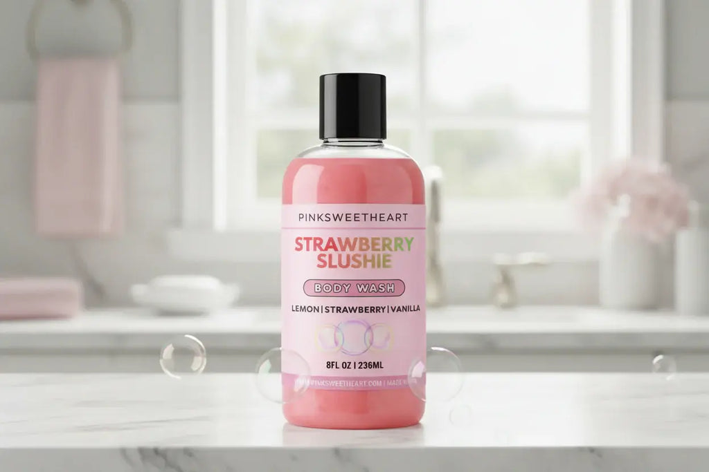 Pink bottle of strawberry slushie body wash with 'Pinksweetheart' branding on a white background