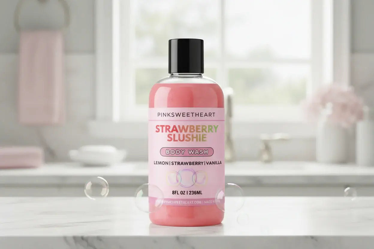 Pink bottle of strawberry slushie body wash with 'Pinksweetheart' branding on a white background