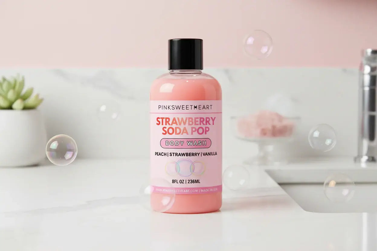 Pink bottle of strawberry soda pop body wash with a black cap on a pink background