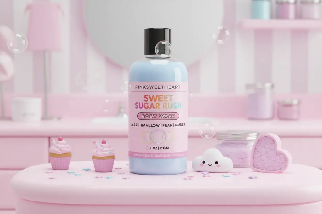 Bottle of 'Pink Sweetheart' Sweet Sugar Rush Marshmallow Pearl Lotion on a pink surface with decorative items.