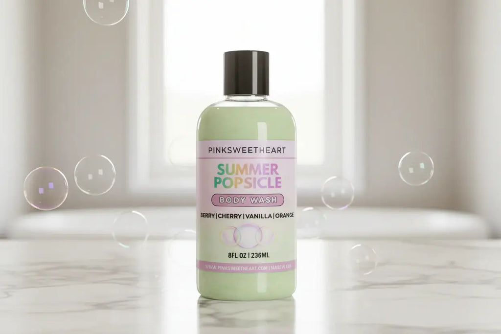 Pinksweetheart Summer Popsicle body wash bottle on a white background