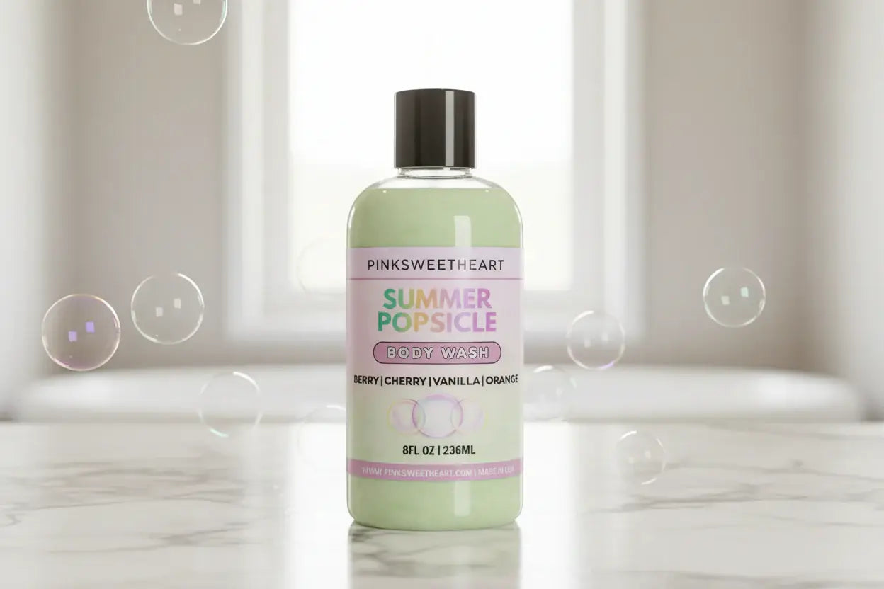 Pinksweetheart Summer Popsicle body wash bottle on a white background