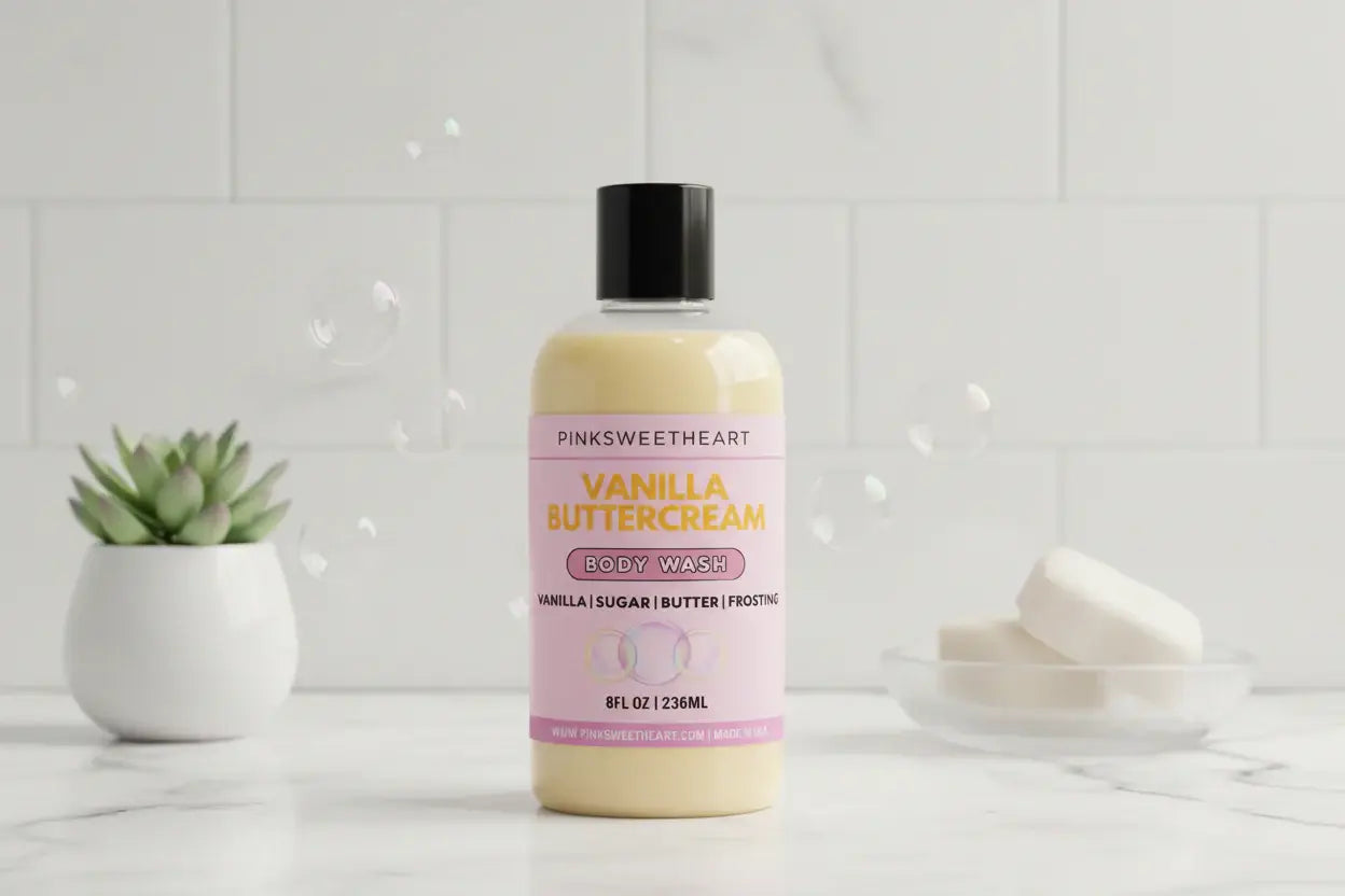 Bottle of Vanilla Buttercream body wash with pink label on a white background