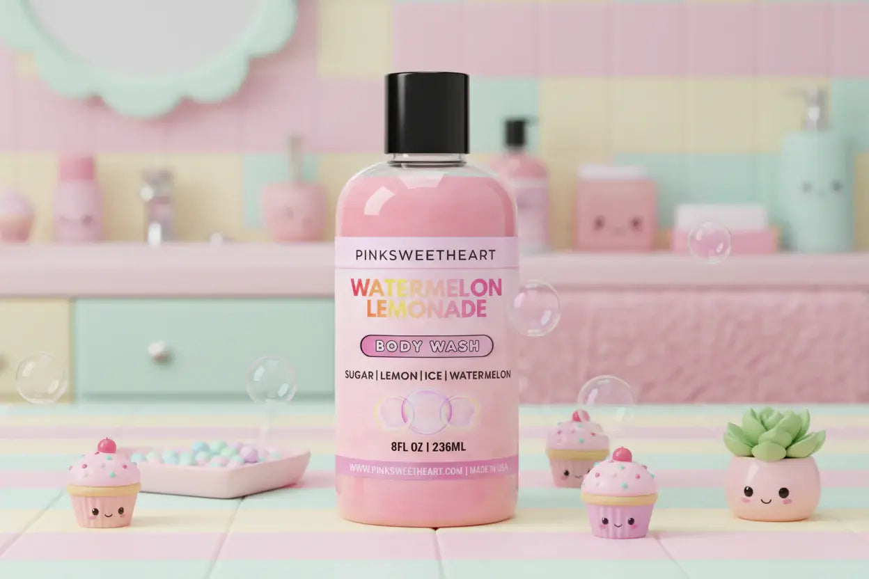 Pink bottle of 'Pinksweetheart' watermelon lemonade body wash on a white background