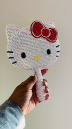 Crystal Rhinestone Handheld Hello Kawaii Kitty Mirror - Red Bow