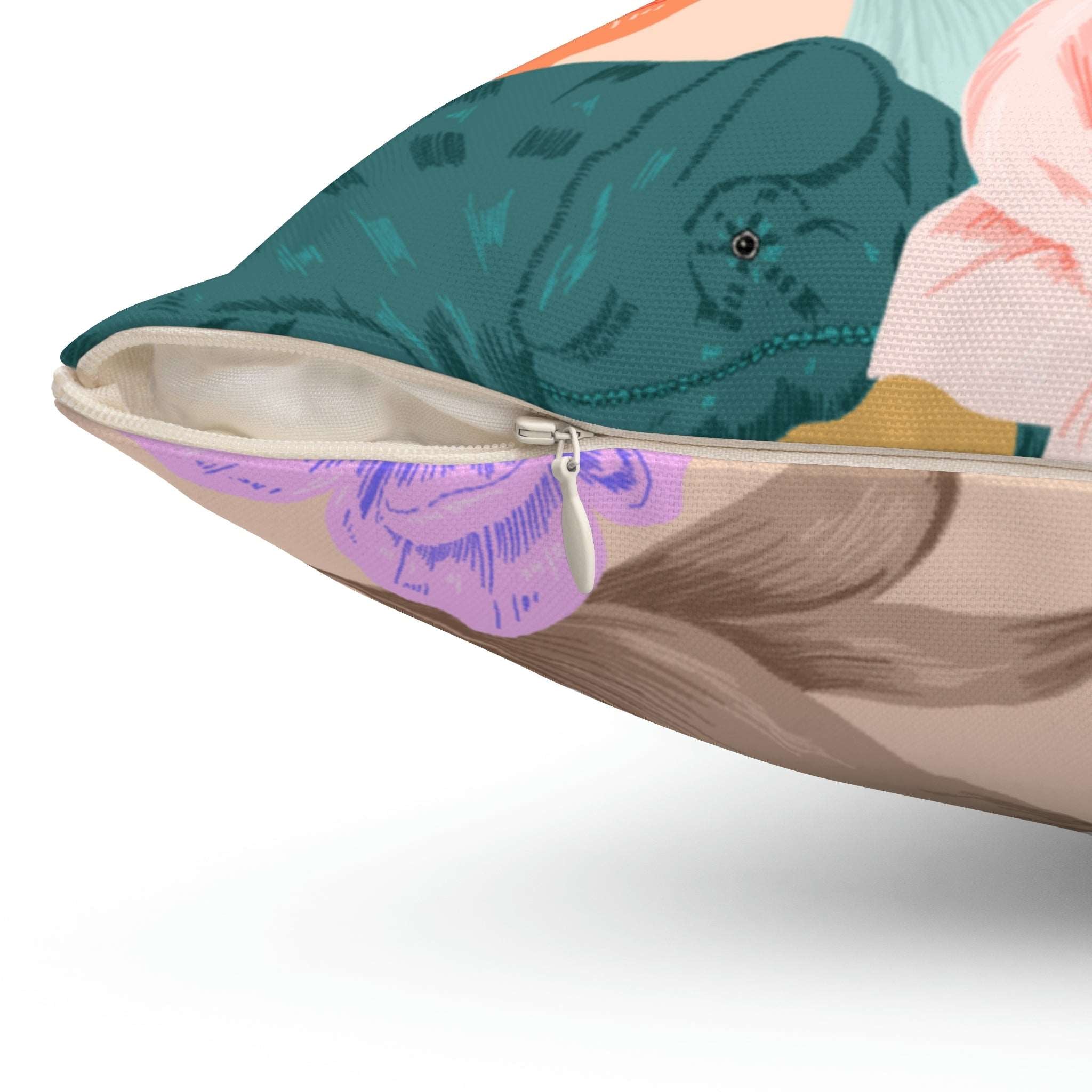 Chameleon in Flowers Square Pillow Home Decor Pink Sweetheart