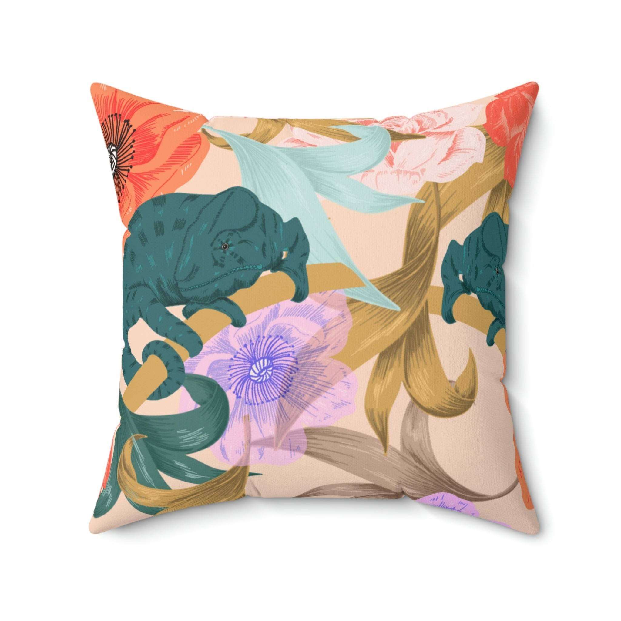 Chameleon in Flowers Square Pillow Home Decor Pink Sweetheart