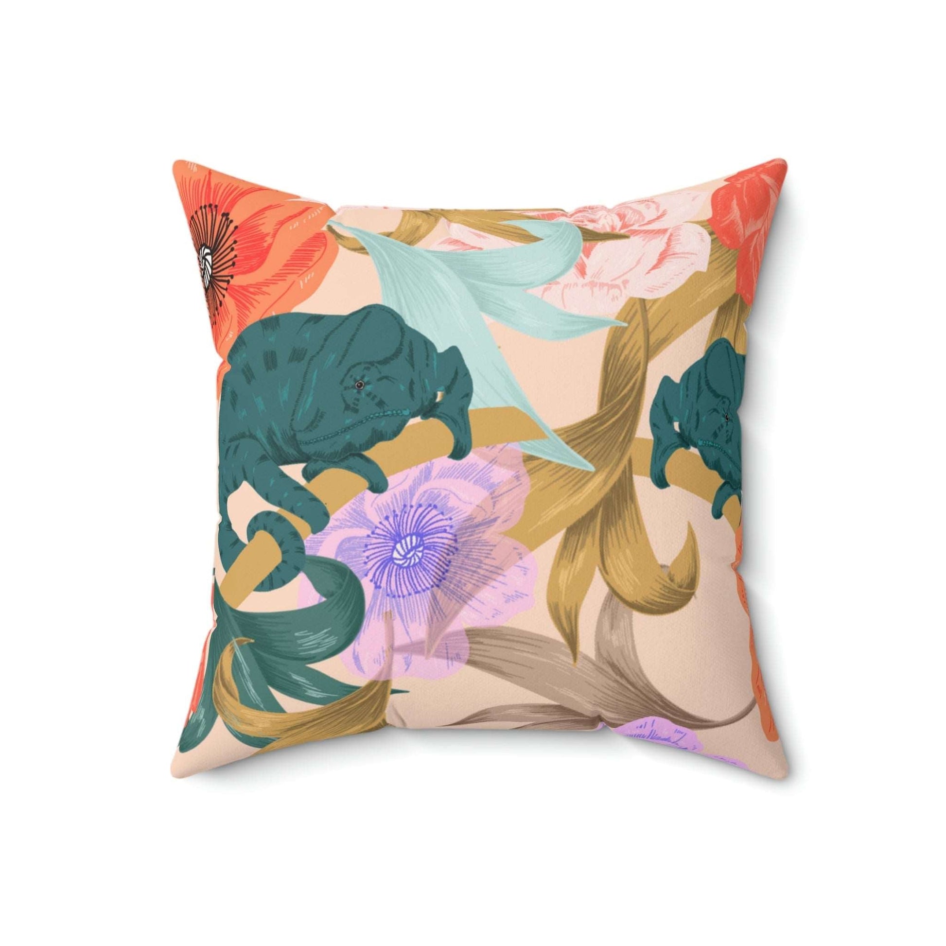 Chameleon in Flowers Square Pillow Home Decor Pink Sweetheart