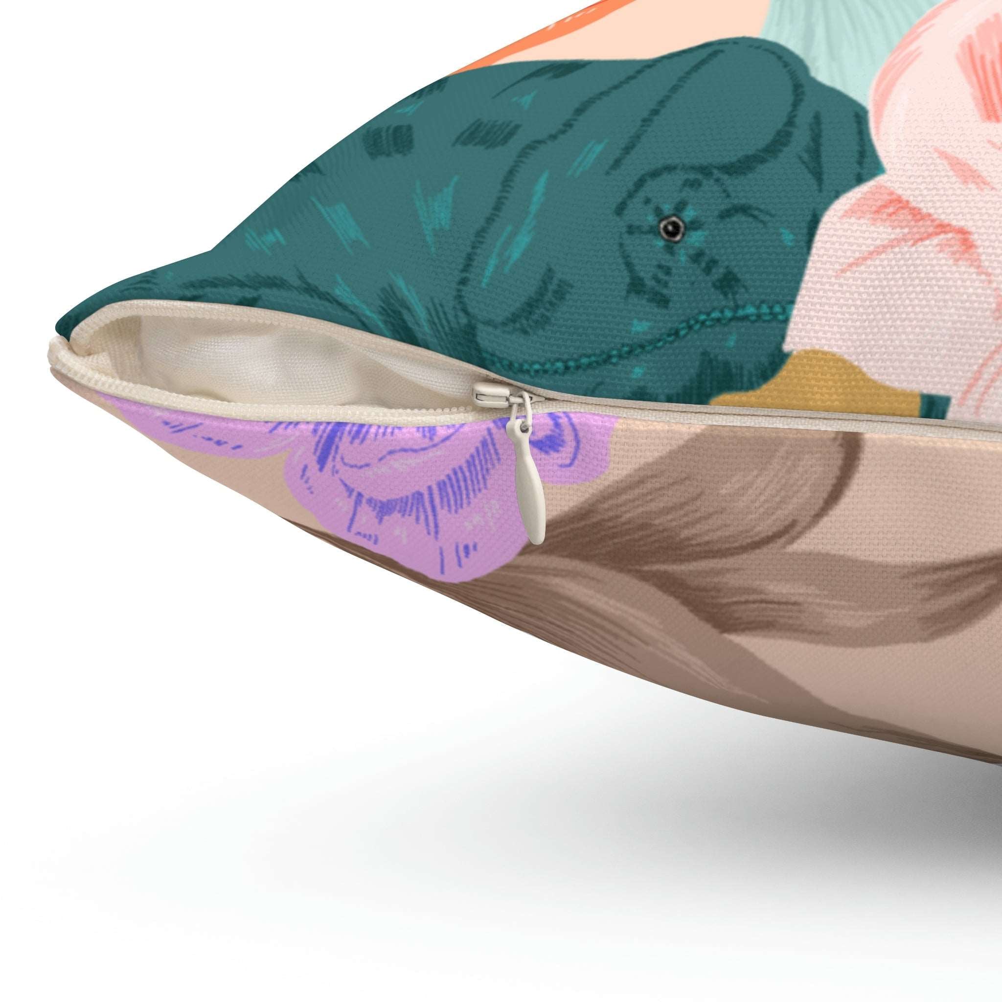 Chameleon in Flowers Square Pillow Home Decor Pink Sweetheart