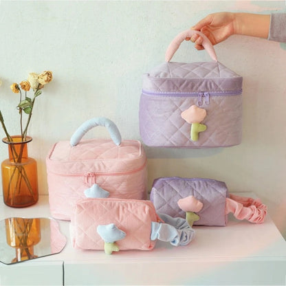 Corduroy Flower Cosmetic Makeup Bag Set Cosmetic & Toiletry Bags Pink Sweetheart