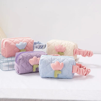 Corduroy Flower Cosmetic Makeup Bag Set Cosmetic & Toiletry Bags Pink Sweetheart