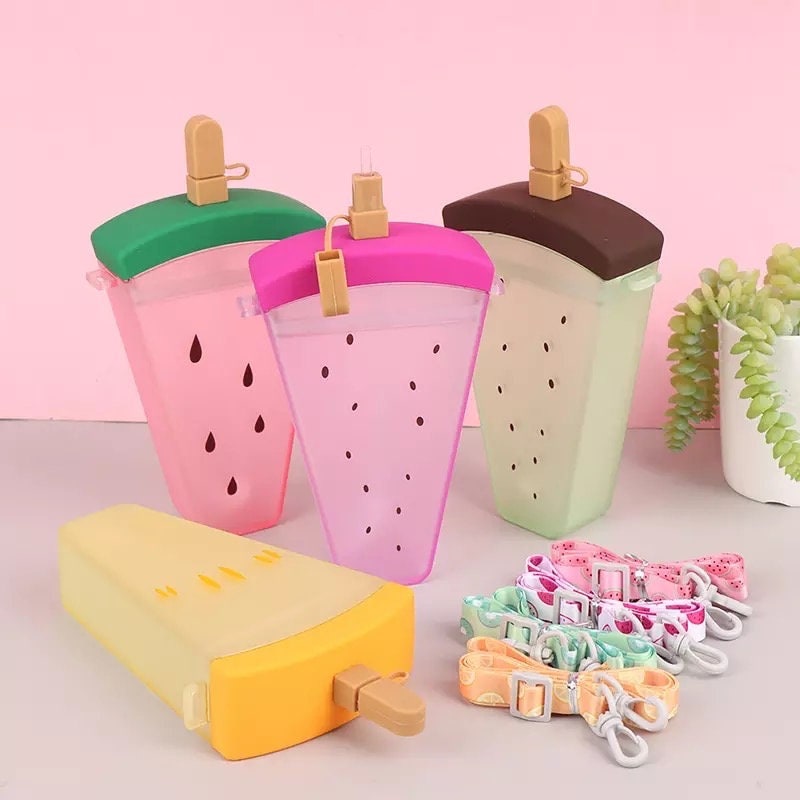 Fruit Popsicle Water Bottle with Straw + Crossbody Strap Tumblers Pink Sweetheart