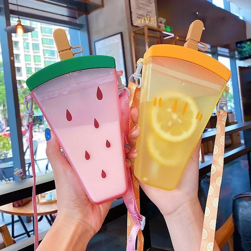 Fruit Popsicle Water Bottle with Straw + Crossbody Strap Tumblers Pink Sweetheart