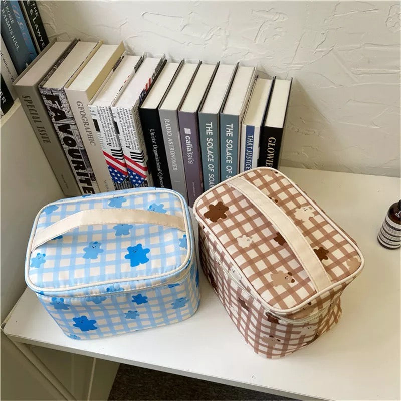 Gingham Kawaii Bear Cosmetic Makeup Bag Cosmetic & Toiletry Bags Pink Sweetheart