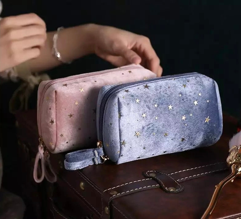 Golden Star Galaxy Velvet Cosmetic Makeup Pouch Cosmetic & Toiletry Bags Pink Sweetheart