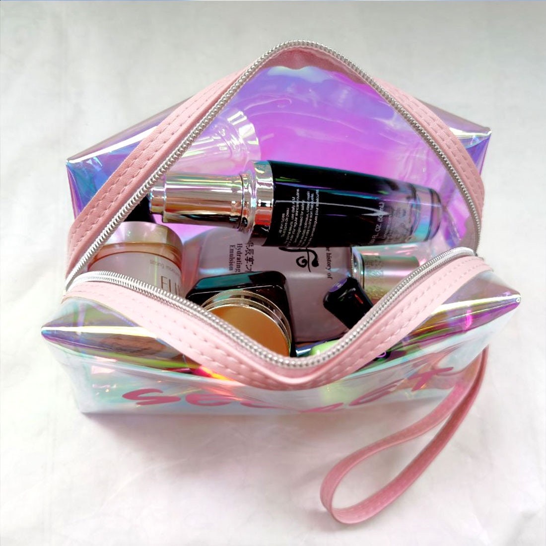 Pink Sweetheart Iridescent Holo Jelly Cosmetic Makeup Bag Secret