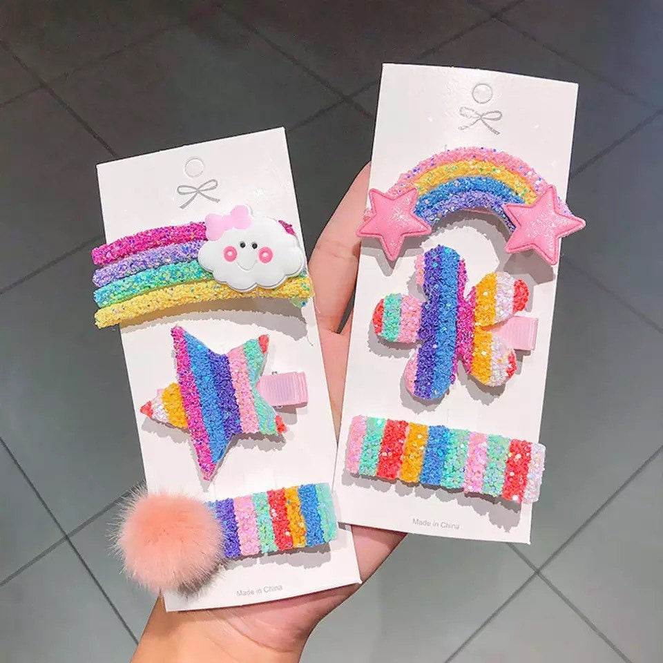 Rainbow Stars and Flowers Hairpin Clip Set Hair Claws & Clips Pink Sweetheart