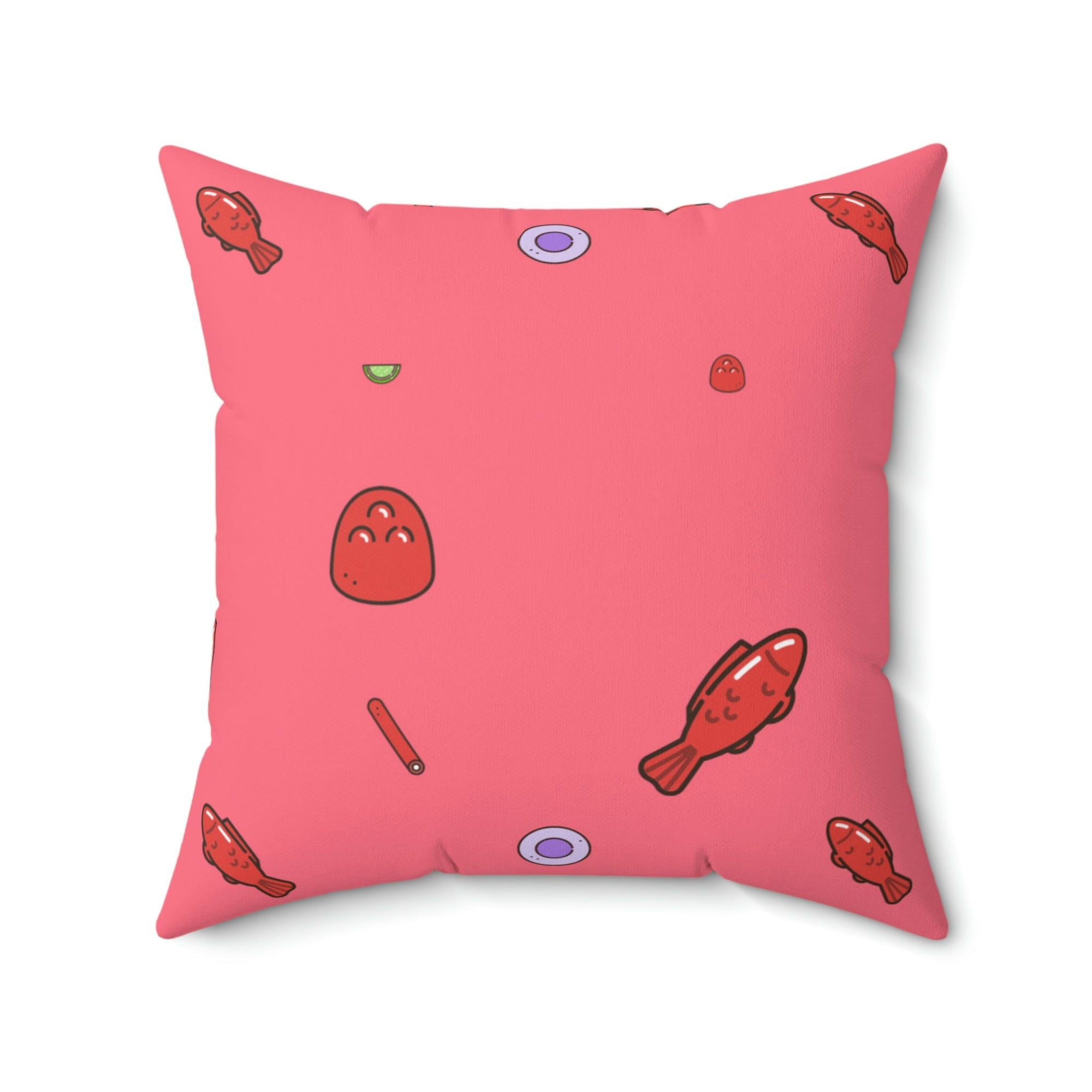 Red Gummy Fish Candy Square Pillow Home Decor Pink Sweetheart