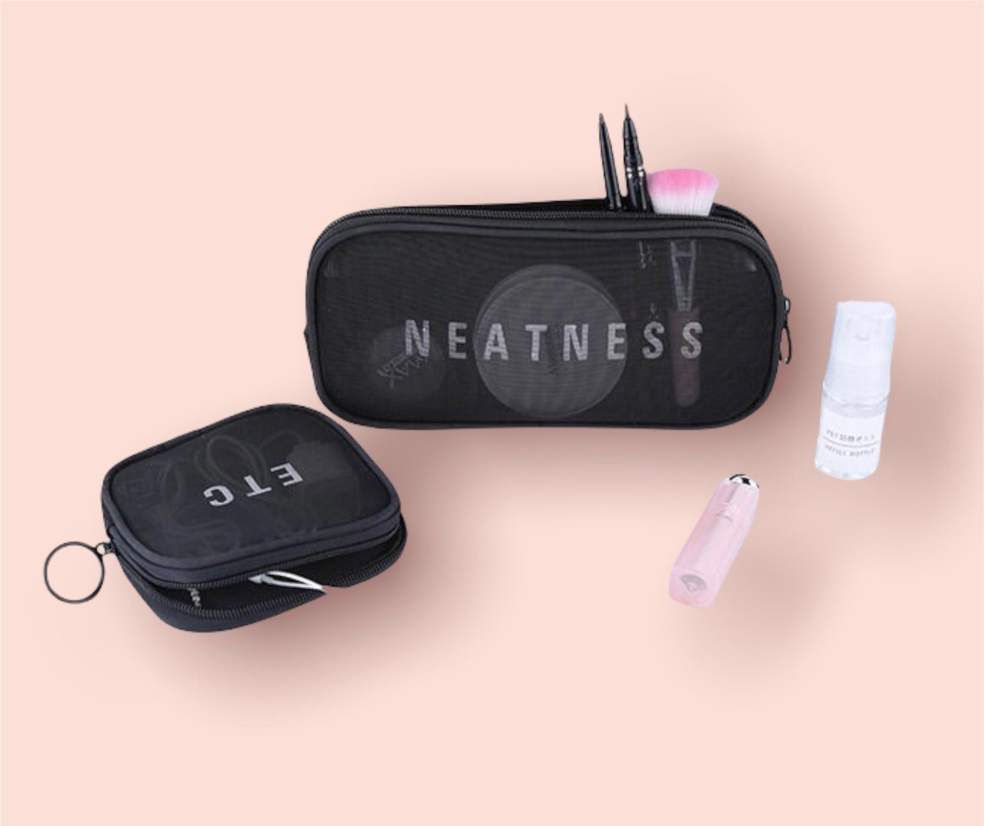 Sheer Black Mesh 3pc Cosmetic Makeup Bag Trio Cosmetic & Toiletry Bags Pink Sweetheart