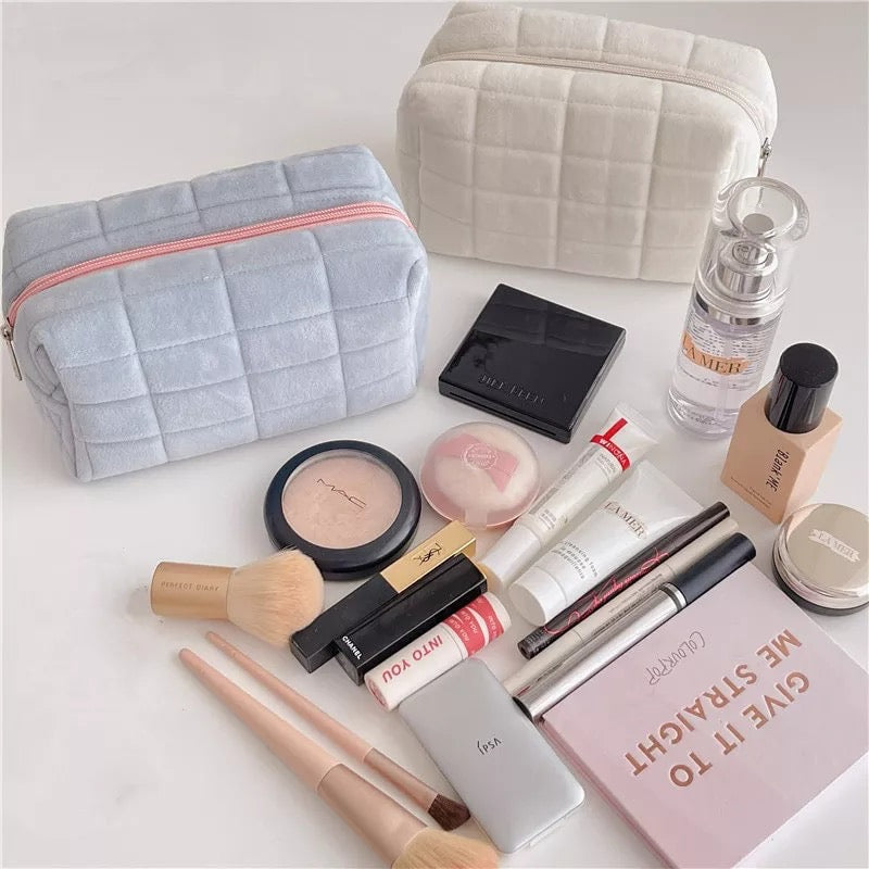 Square Quilted Puffy Plush Cosmetic Multifunction Makeup Bag Pink Sweetheart