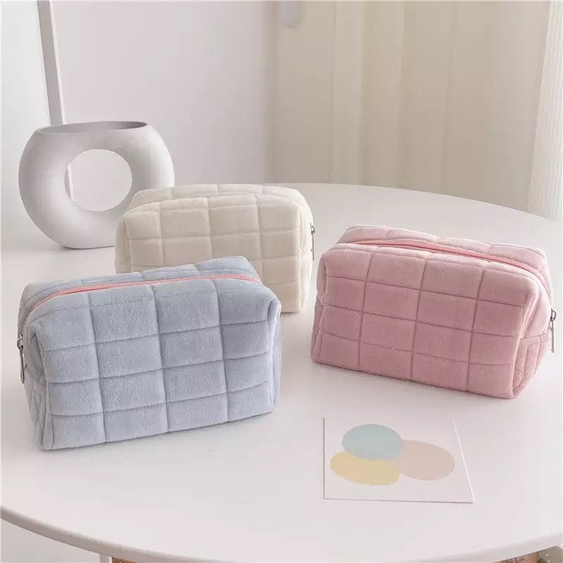 Square Quilted Puffy Plush Cosmetic Multifunction Makeup Bag Pink Sweetheart