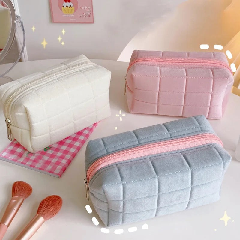 Square Quilted Puffy Plush Cosmetic Multifunction Makeup Bag Pink Sweetheart
