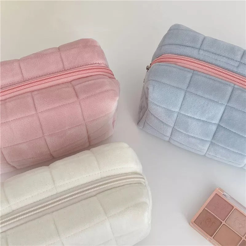 Square Quilted Puffy Plush Cosmetic Multifunction Makeup Bag Pink Sweetheart