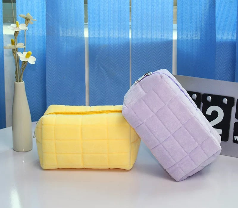 Square Quilted Puffy Plush Cosmetic Multifunction Makeup Bag Pink Sweetheart