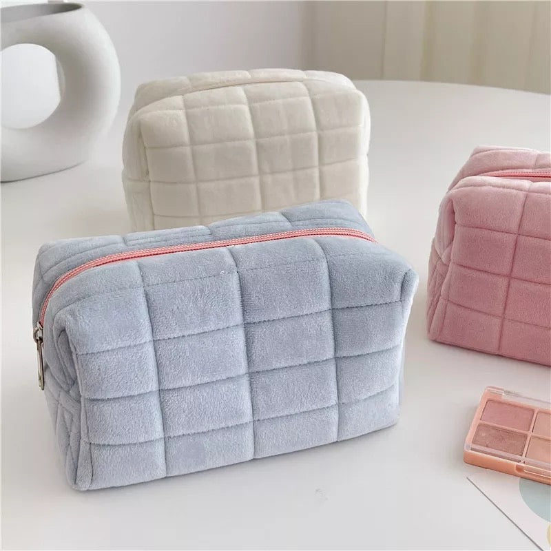 Square Quilted Puffy Plush Cosmetic Multifunction Makeup Bag Pink Sweetheart