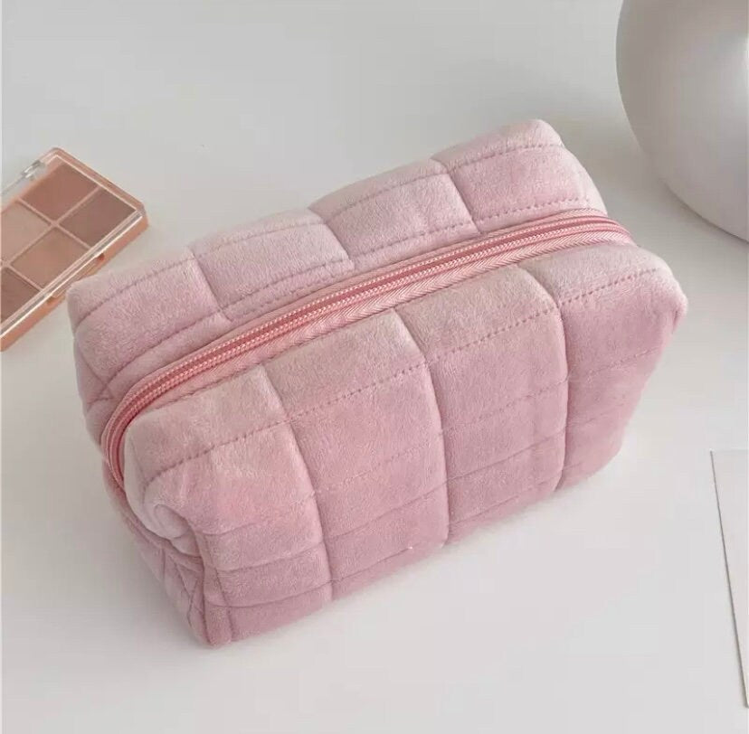 Square Quilted Puffy Plush Cosmetic Multifunction Makeup Bag Pink Sweetheart
