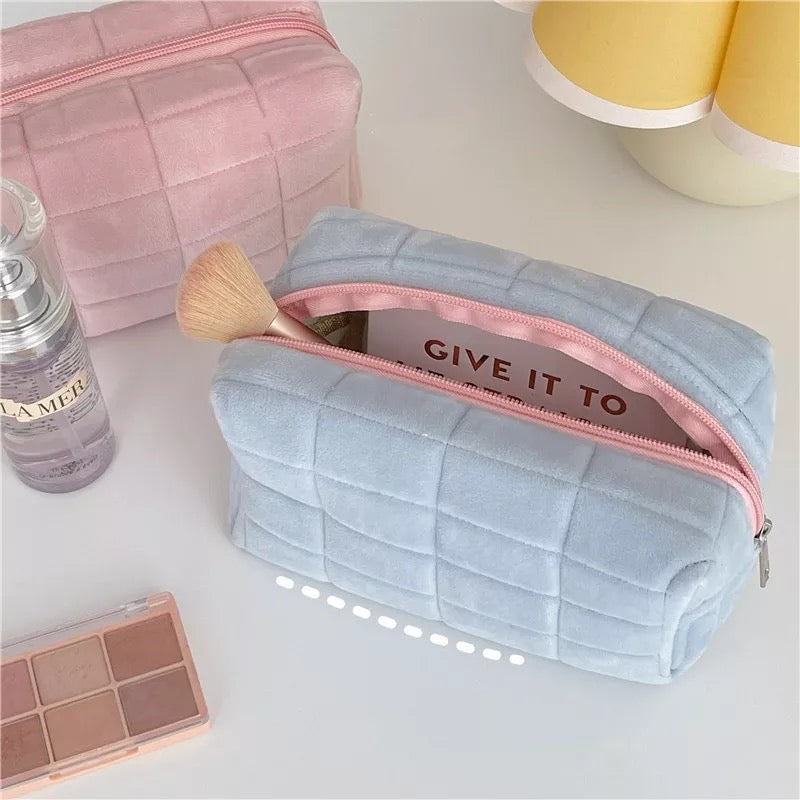 Square Quilted Puffy Plush Cosmetic Multifunction Makeup Bag Pink Sweetheart