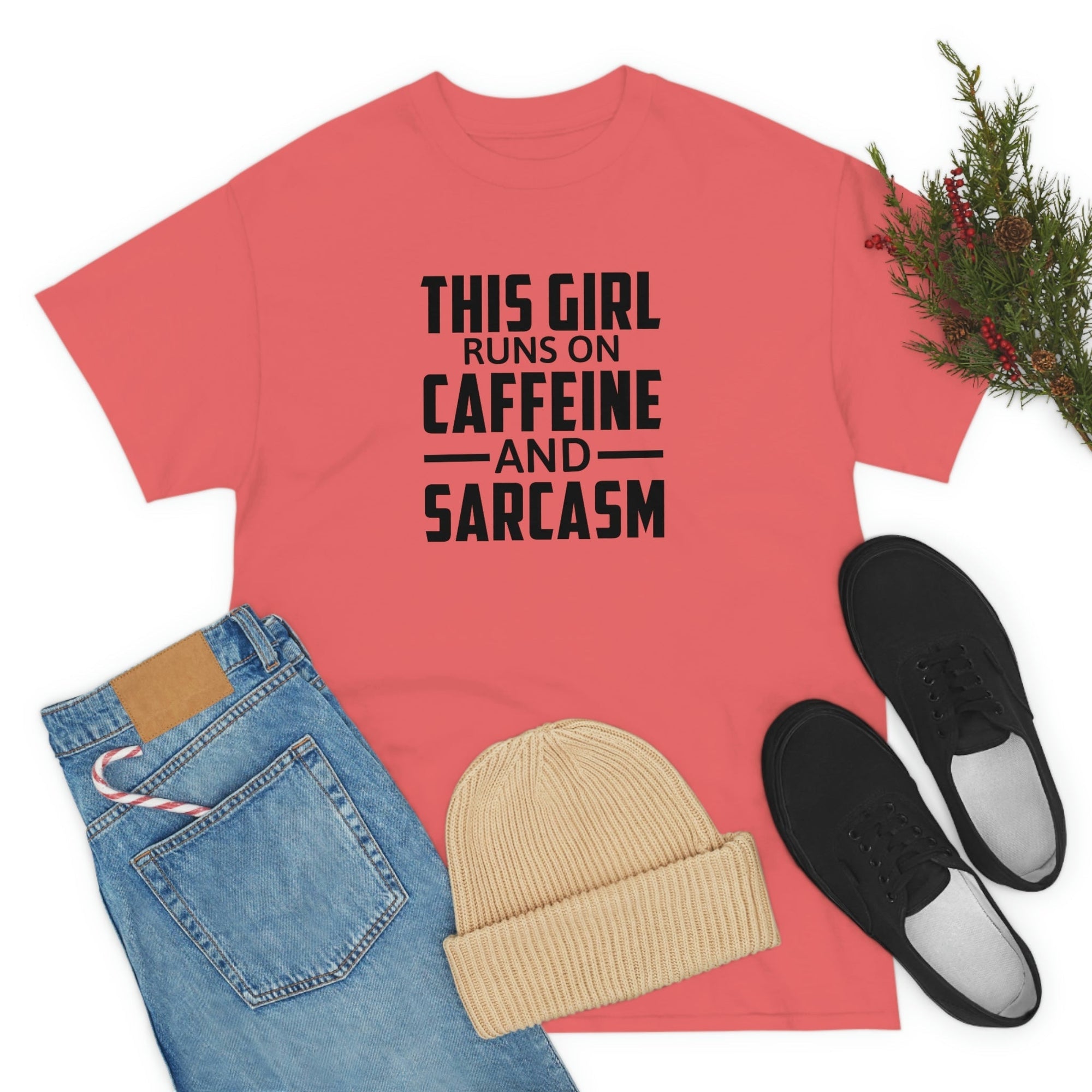This Girl Runs on Caffeine & Sarcasm Cotton Tee T-Shirt Pink Sweetheart