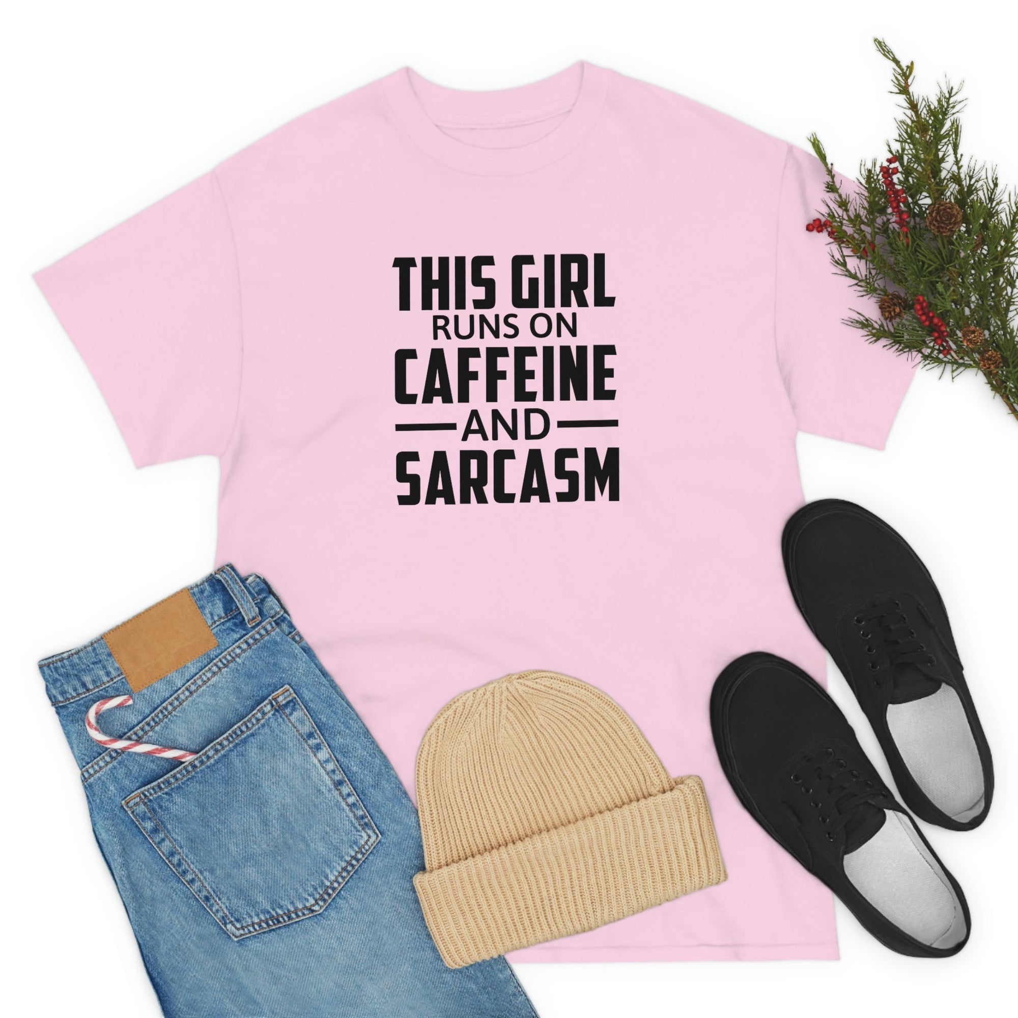 This Girl Runs on Caffeine & Sarcasm Cotton Tee T-Shirt Pink Sweetheart