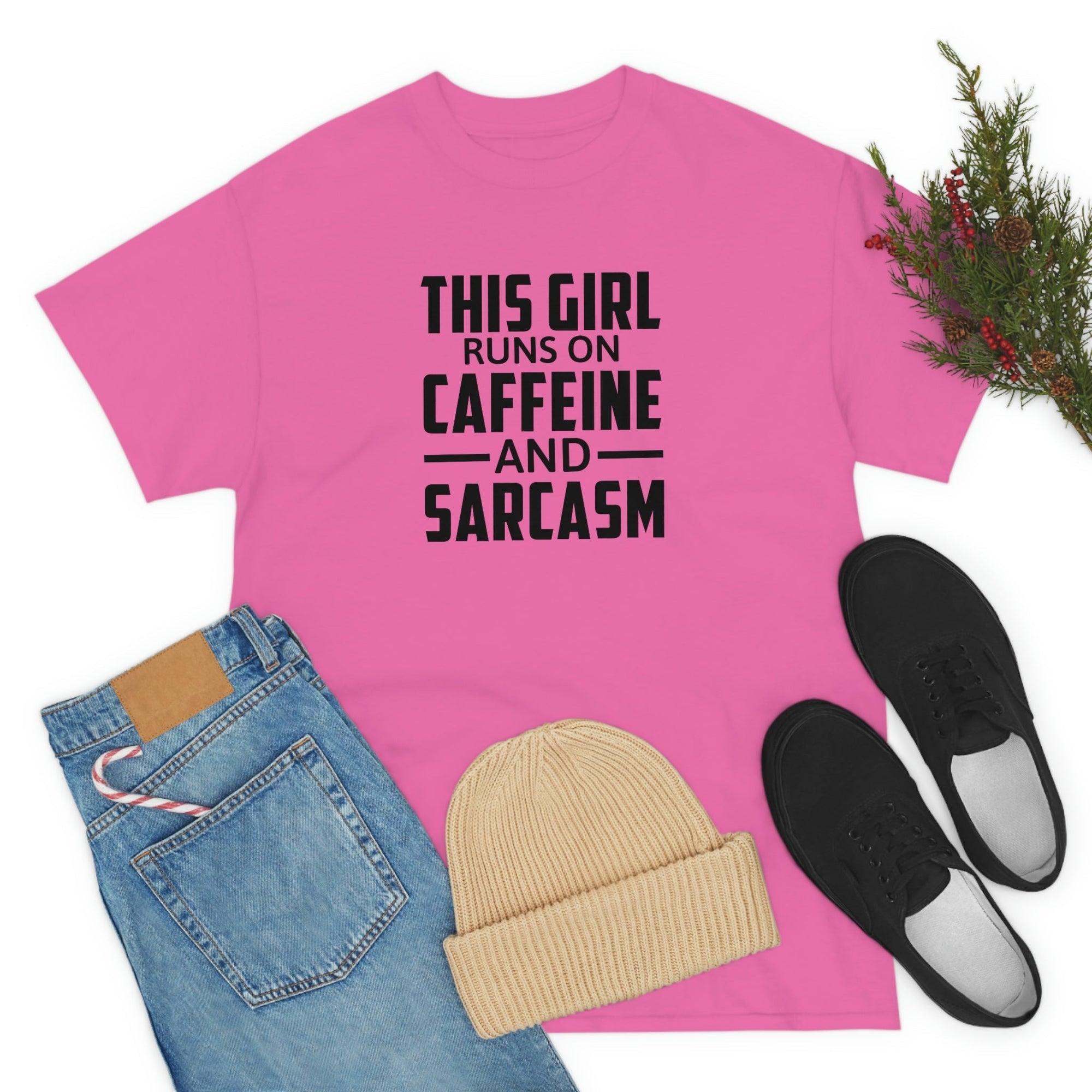 This Girl Runs on Caffeine & Sarcasm Cotton Tee T-Shirt Pink Sweetheart