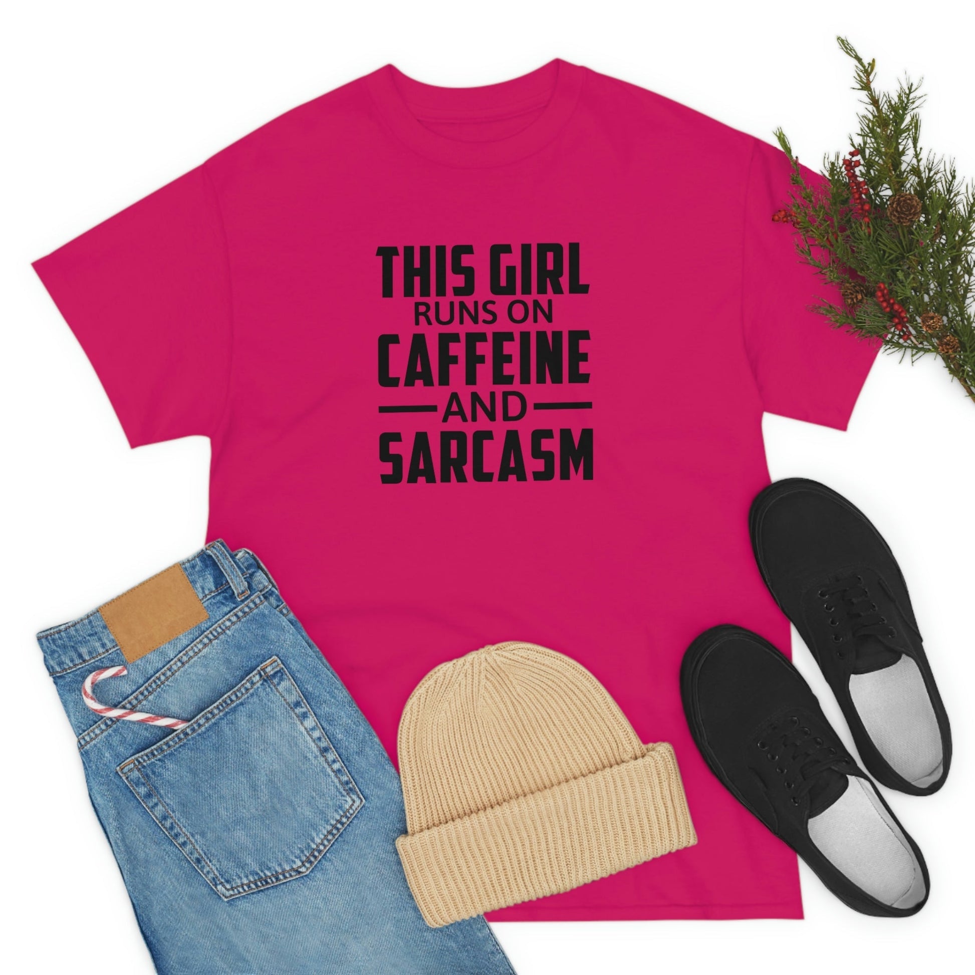This Girl Runs on Caffeine & Sarcasm Cotton Tee T-Shirt Pink Sweetheart