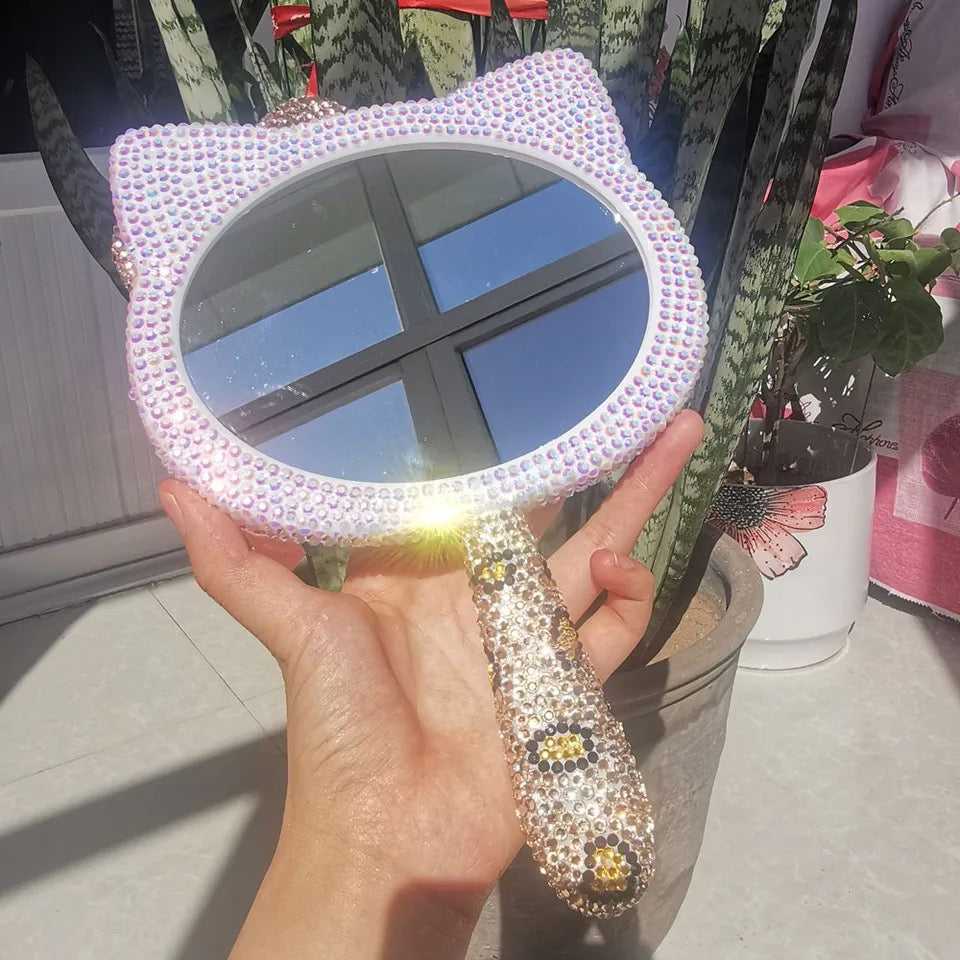 Wild Thing Cheetah Rhinestone Handheld Hello Kitty Mirror Face Mirrors Pink Sweetheart